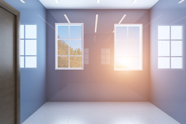 空荡荡的蓝色浴室内部和光滑的墙壁。棕色的门. .日落。3 d渲染图片下载