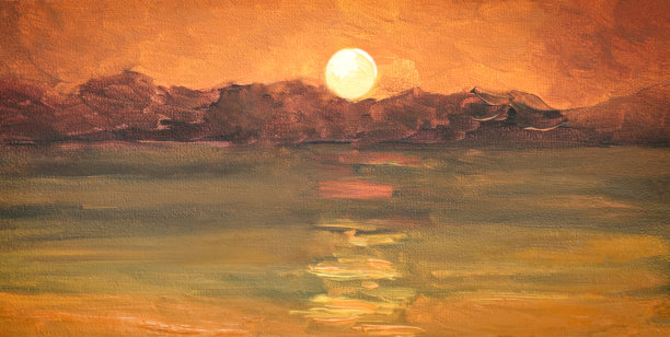 油画，粉红色的日落，大海，山脉图片下载