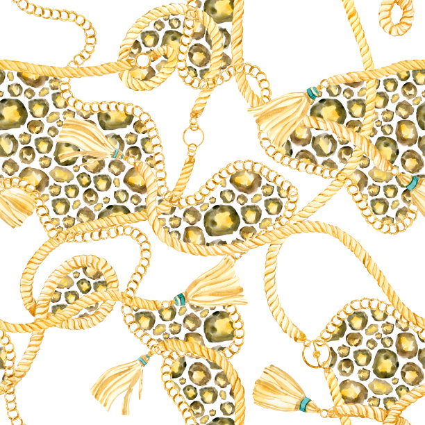 无缝图案金链和绳索，豹皮魅力插图在水彩图片下载