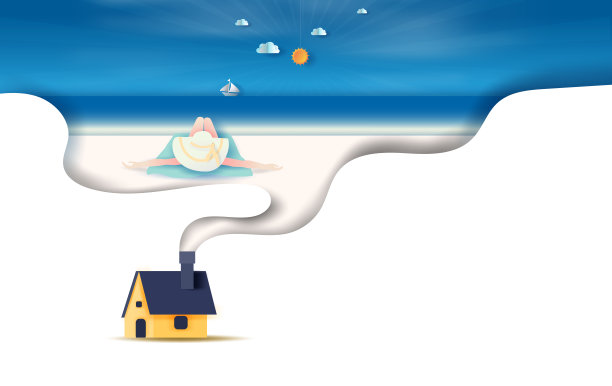 后视图的插图年轻女性性感的穿着黄色帽子和比基尼日光浴在热带海滩与房子的概念。女人放松睡在海景。剪纸，工艺夏季季节。向量。图片下载