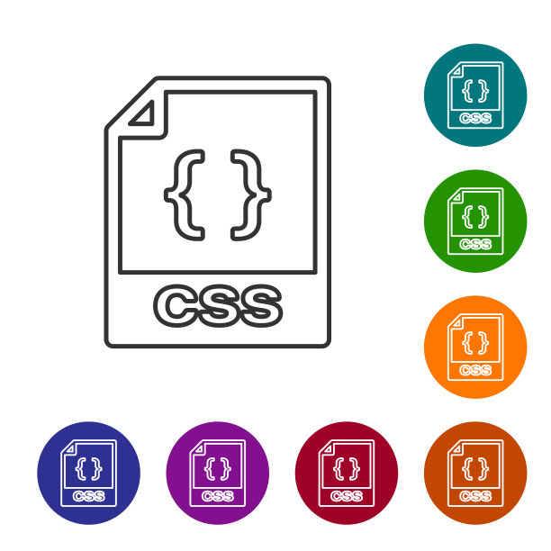 灰色CSS文件文档图标。下载css按钮线图标孤立的白色背景。CSS文件的象征。设置图标在颜色圈按钮。矢量图图片下载