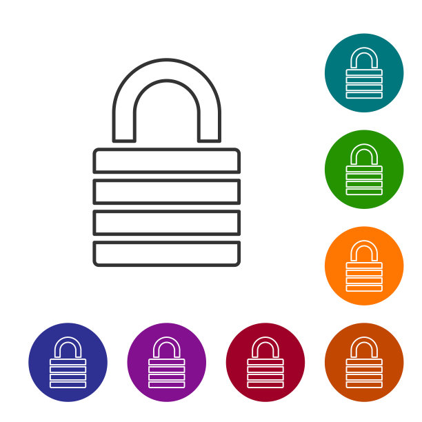 灰色锁定线图标孤立在白色背景。挂锁的迹象。安全、安全、保护、隐私的理念。设置图标在颜色圈按钮。矢量图图片下载