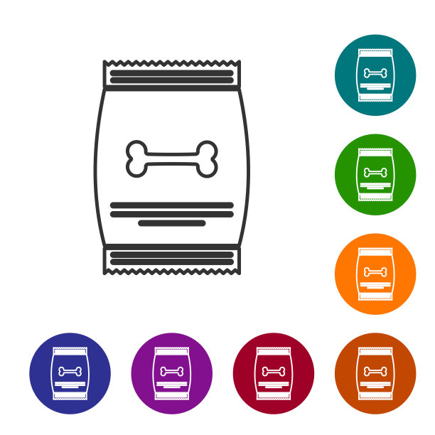 灰色袋食品宠物线图标隔离在白色背景。动物的食物。狗骨头的迹象。宠物食品包装。设置图标在颜色圈按钮。矢量图图片下载