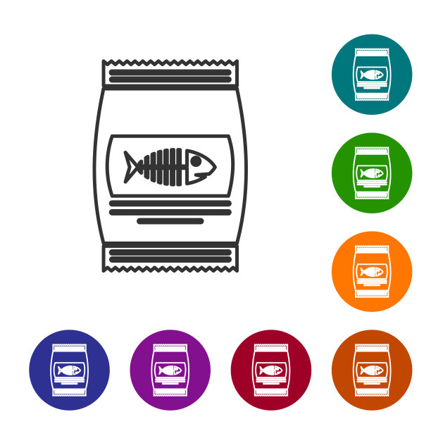 灰色袋食物猫线图标孤立在白色背景。鱼骨架的迹象。动物的食物。宠物食品包装。设置图标在颜色圈按钮。矢量图图片下载