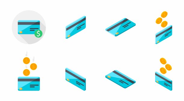 信用卡赚钱2.5D金融银行卡商务矢量扁平图标套装图片下载