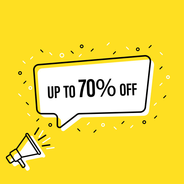 男性手拿扩音器与销售标签高达七折语音泡沫。扬声器。横幅为企业，营销和广告。矢量插图。图片下载