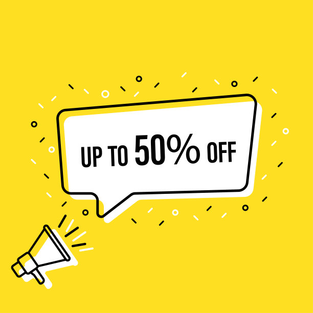 男性手拿扩音器与销售标签高达五折的讲话泡沫。扬声器。横幅为企业，营销和广告。矢量插图。图片下载