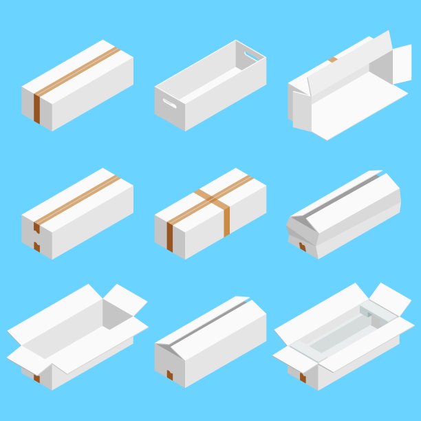 等距一套白色纸箱孤立在西安背景。Isoleted矢量插图。打开和关闭空纸箱包装卡通风格为您的业务设计图片下载