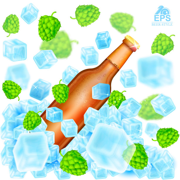 逼真的棕色啤酒瓶飞出冰块在飞行深度的田野啤酒花圆锥和冰在白色图片下载