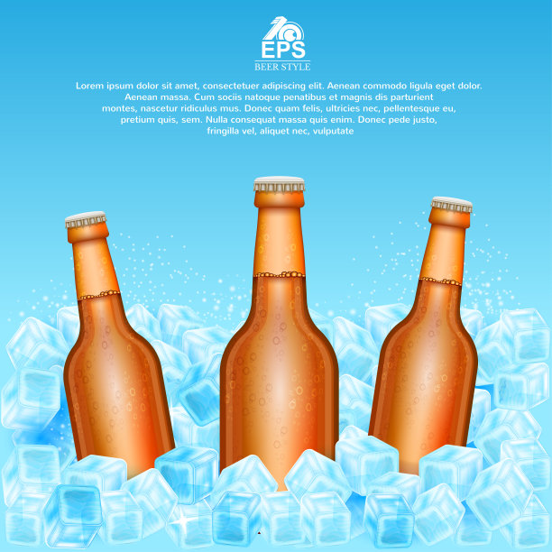三个真实的模拟啤酒在冰块上的蓝色背景棕色瓶子图片下载
