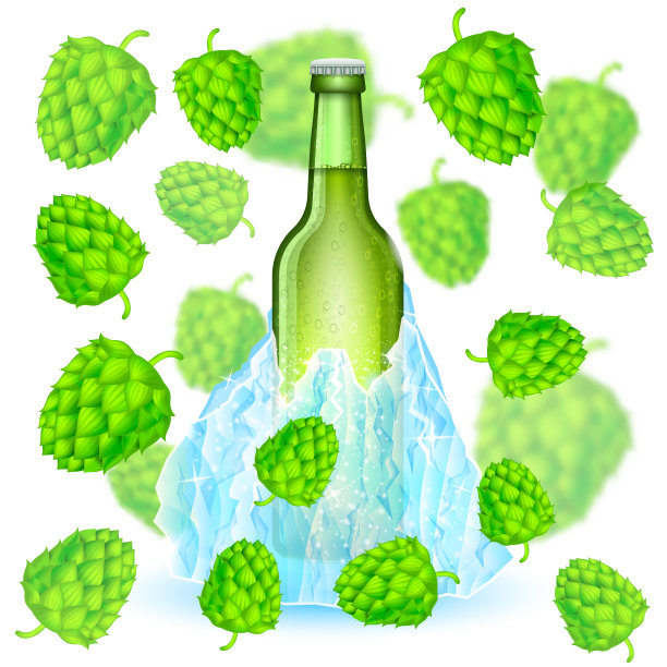 真实模拟的绿色啤酒瓶冻在冰山之间的深度的田野啤酒花圆锥在白色的背景图片下载