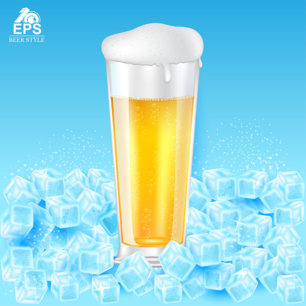 真实的模拟杯啤酒与泡沫冰块在蓝色的背景图片下载