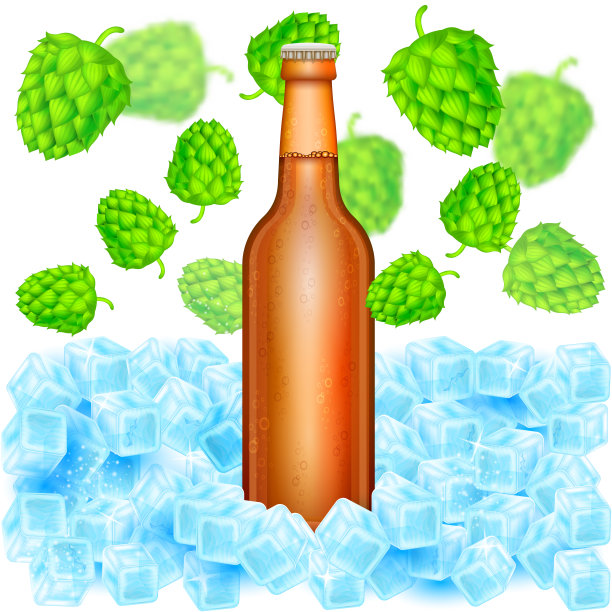 现实的棕色啤酒瓶站在冰块中间飞行深度的田野啤酒花圆锥在白色的背景图片下载