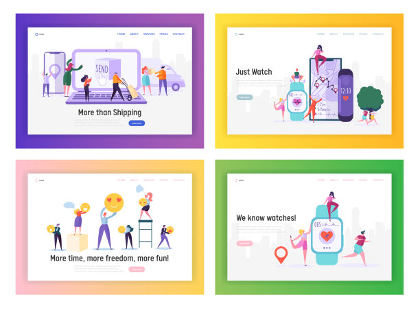 采购产品购物，交付，医疗保健和社交媒体应用网站着陆页模板集，人们在生活中使用应用程序，航运，智能手表网页卡通平面矢量插图，横幅图片下载