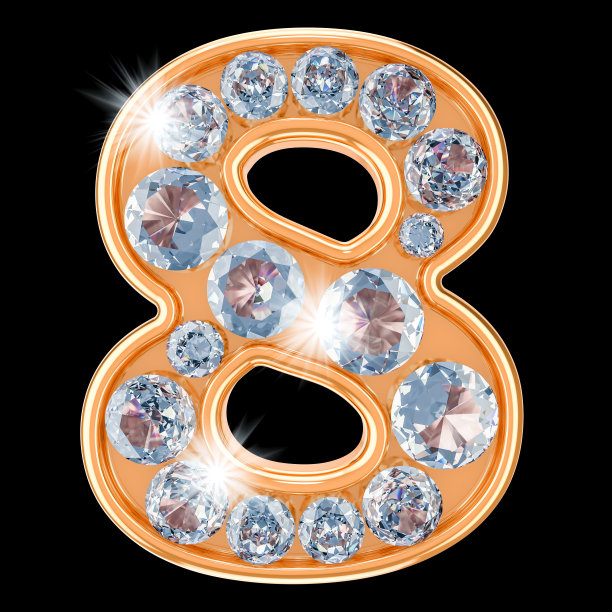 镶钻石的黄金数字8。3D渲染孤立的黑色背景图片下载
