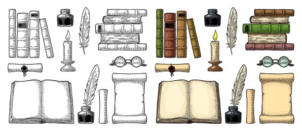 集教育。墨水瓶里有羽毛，成堆的书，眼镜，蜡烛。图片下载