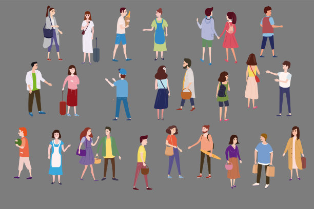 设定一群人的角色去他们的业务，购物，相爱的夫妇，单身，卖家，买家。趋势图形风格，平面卡通，小人，孤立，矢量，插图图片下载