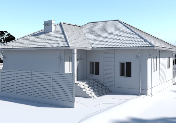 一个乡村别墅的外部，农舍，可视化，3D插图图片下载