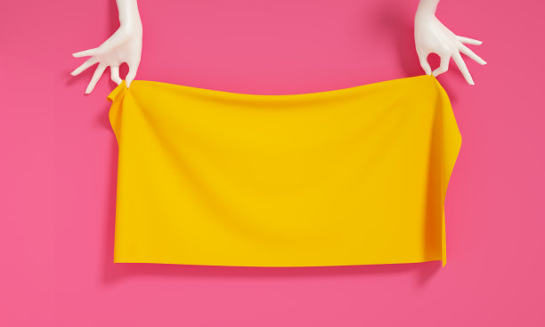 销售黄色横幅设计，白色模特女人手拿空布，空白布模型，广告，网站，传单，海报，公告的时尚模板。三维渲染图片下载