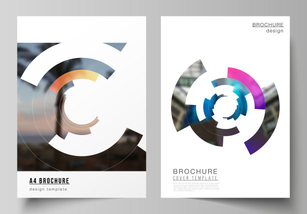 矢量布局A4格式现代封面模型设计模板的小册子，杂志，传单，报告。未来主义设计的圆形图案，圆形元素形成几何框架的照片。图片下载