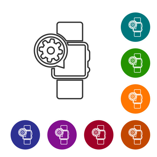 灰色智能手表和齿轮线图标上的白色背景。调整app，服务理念，设置选项，维护，维修，固定。设置图标在颜色圈按钮。矢量图图片下载