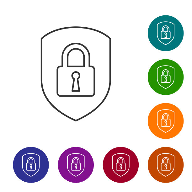 灰盾安全与锁定线图标上的白色背景。保护，安全，密码安全。防火墙访问隐私标志。设置图标在颜色圈按钮。矢量图图片下载