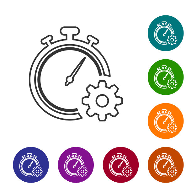 灰色时间管理线图标在白色背景。时钟和齿轮标志。生产力的象征。设置图标在颜色圈按钮。矢量图图片下载