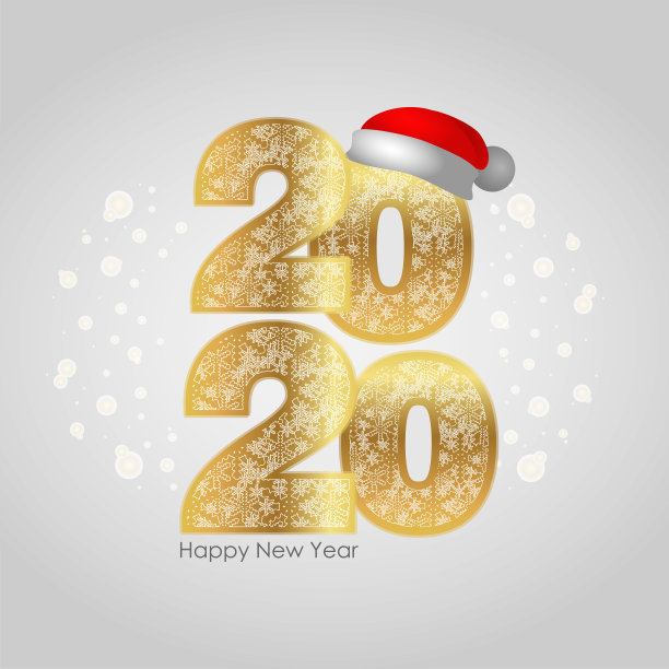 2020中国鼠年新年快乐和圣诞节快乐贺卡。白色背景上的金色数字与红色圣诞老人帽子和金色雪花图案素材图片