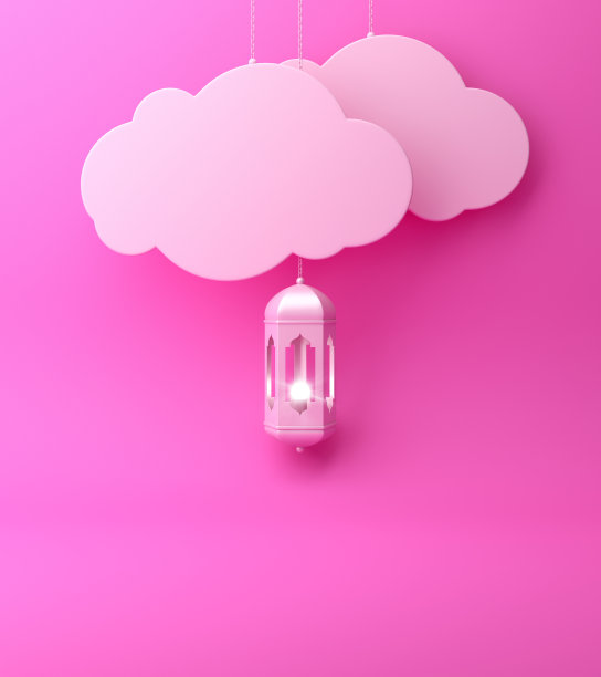 阿拉伯灯笼和挂云在粉红色的粉彩背景。图片下载