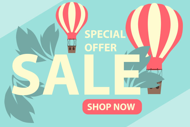 夏天出售旗帜。带有蓝色背景的气球和树叶的销售横幅。矢量图,向量。图片下载