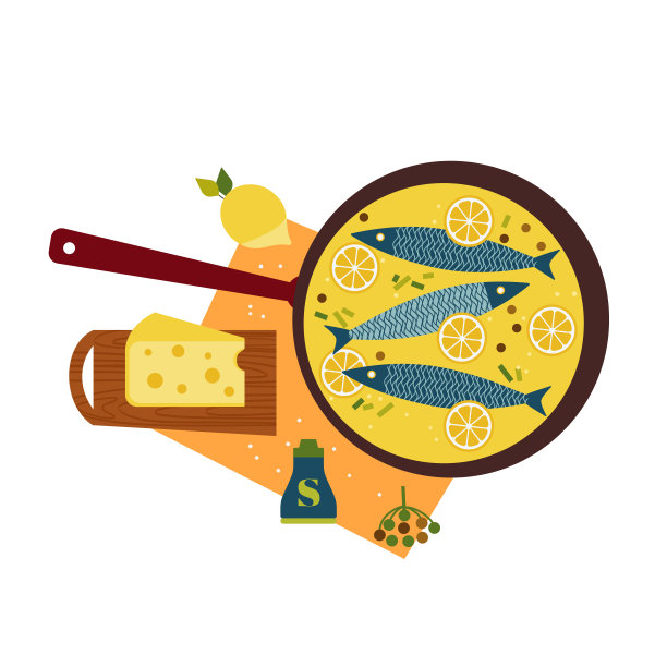 新鲜的鱼煮奶酪平底锅手绘矢量图标图片下载