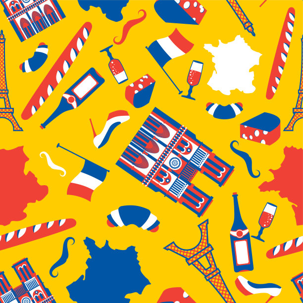 法国模式无缝。法国民族象征背景。埃菲尔铁塔和巴黎圣母院。面包和葡萄酒。胡子和羊角面包图片下载