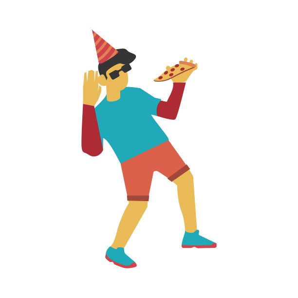 戴着派对帽跳舞和吃披萨的人矢量插画图片下载