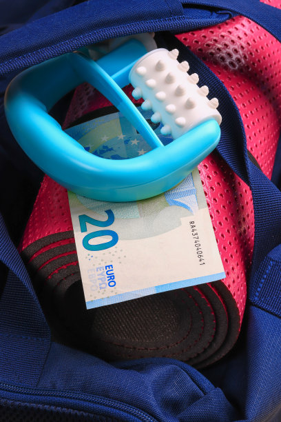 粉色瑜伽垫，按摩器，蓝色健身包里的欧元钞票。图片下载