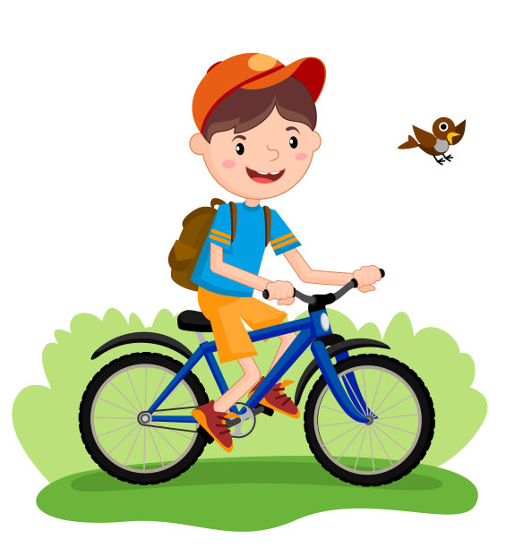 男孩骑着自行车，在夏日公园里休息，矢量插画图片下载