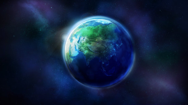 现实地球从太空显示亚洲。地球被太阳照了一半。图片下载