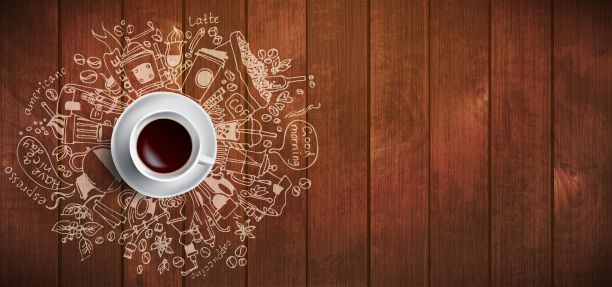 木制背景上的咖啡概念-白色的咖啡杯，顶视图与涂鸦插画关于咖啡，豆类，早上，咖啡馆的浓缩咖啡，早餐。早上咖啡矢量插图。手绘和咖啡插图图片下载