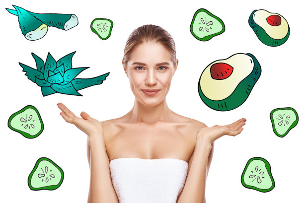 我选择天然食材!幸福的年轻女人的肖像与完美的皮肤显示在芦荟和鳄梨插图绘制在白色的背景。皮肤护理图片下载