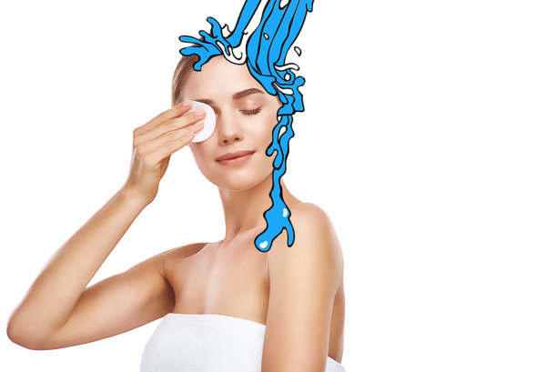 如何清洁皮肤?肖像漂亮的年轻女子卸妆从她的脸上与棉花垫，而站在手绘插图水对白色的背景图片下载