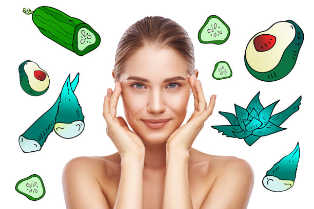 用新鲜的食材护理你的皮肤!快乐的年轻女人的肖像触摸她完美的皮肤，看着相机，而站在背景与彩色插图上。图片下载