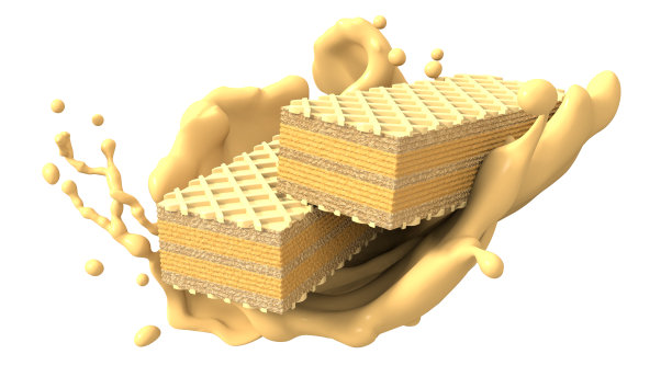 威化脆饼干与糖浆溅在空气孤立的背景在3d插图图片下载