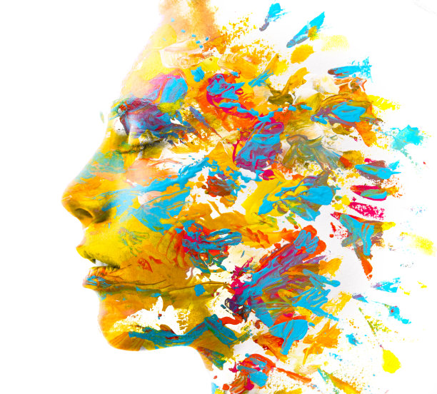 Paintography。双重曝光。特写的一个强大的吸引力模型结合彩色手绘丙烯画与重叠的笔触纹理图片下载