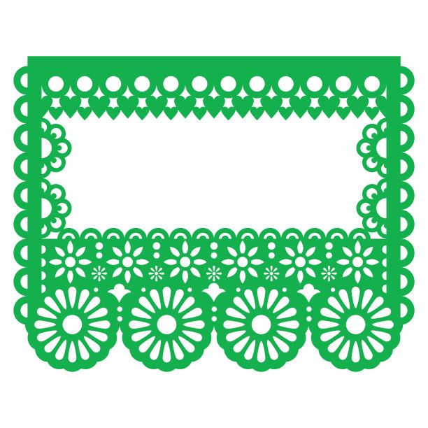 Papel Picado -墨西哥纸装饰矢量模板设计-贺卡或邀请绿色背景花，心，和抽象的形状图片下载