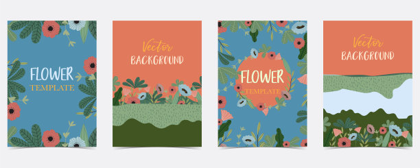 蓝色，橙色，绿色手绘夏季明信片与花和叶图片下载