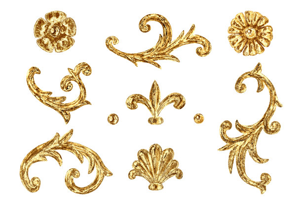 巴洛克风格的元素。水彩手绘复古雕刻花卷金银丝框架设计集。图片下载