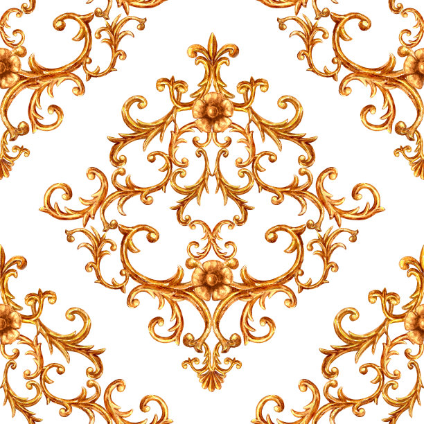 巴洛克金元素装饰无缝图案。水彩手绘金色元素纹理上的白色背景。图片下载