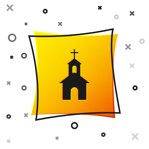 黑色教堂建筑图标孤立在白色背景上。基督教教堂。宗教的教堂。黄色正方形按钮。矢量图图片下载