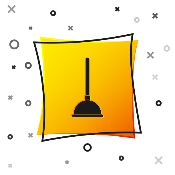 黑色橡胶柱塞与木制手柄的管道清洗图标隔离在白色背景。刷马桶的刷子。黄色正方形按钮。矢量图图片下载