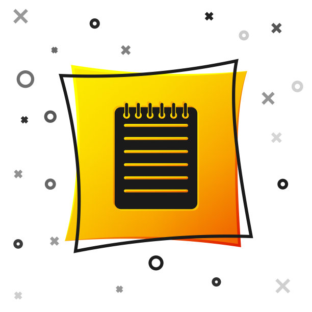 黑色笔记本图标孤立的白色背景。螺旋记事本图标。书写纸。对商业的日记。笔记本的封面设计。办公文具用品。黄色正方形按钮。矢量图图片下载