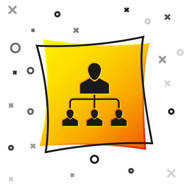 黑色推荐营销图标孤立在白色背景上。网络营销、业务合作伙伴、推介方案策略。黄色正方形按钮。矢量图图片下载